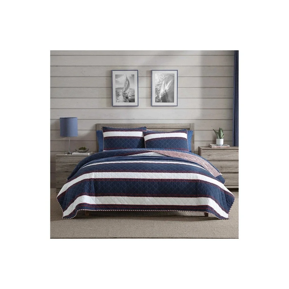 Nautica Twin Quilt Set Marina Stripe Navy Blue White Red Reversible Cotton 2 Pc